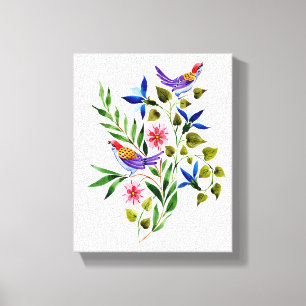 Toile Oiseaux et fleurs aquarelles vives et colorés