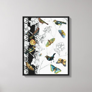Toile Oiseaux et papillons sur un Arrière - plan noir et