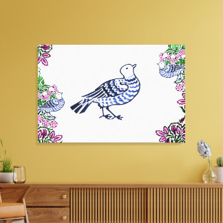 Toile Oiseaux folkloriques Fleurs Acorns