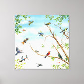 Toile Oiseaux perchés et volants à travers les arbres (Recto)