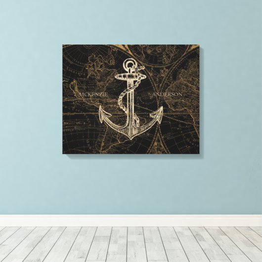 Toile Old World Nautical Ancre Ajouter un nom Noir (Insitu (Plancher de Bois))