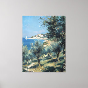 Toile Oliveraie avec village côtier et mer