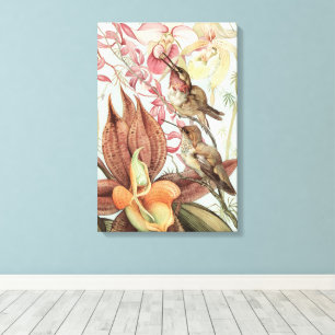 Toile Orchidées tropicales vintage, fleurs et colibris