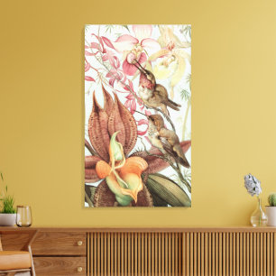 Toile Orchidées tropicales vintage, fleurs et colibris