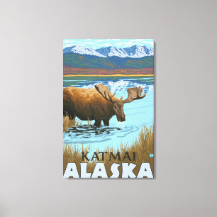 Toile Orignaux buvant au lac - Katmai, Alaska