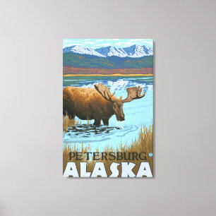 Toile Orignaux buvant au lac - Pétersbourg, Alaska