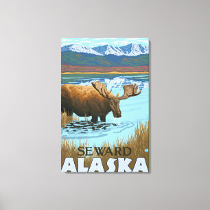 Toile Orignaux buvant au lac - Seward, Alaska