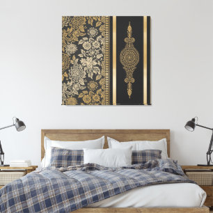 Toile Ornement doré filigrané et mandala floral noir