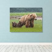 Toile Ours grizzly mère avec deux oursons (Insitu (Plancher de Bois))
