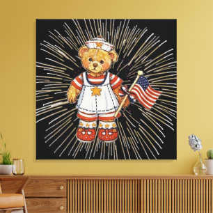 Toile Ours Infirmière Vintage avec Feux d'Artifice Blanc