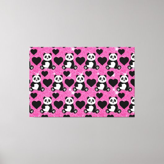 Toile Panda Bear Animal Lover Black Hearts Rose Glitter (Recto)
