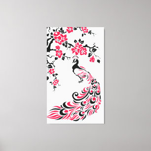 Toile Paon rouge noir et fleurs de cerisier personnalisé