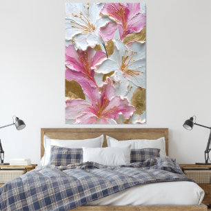 Toile Papier Peint Abstrait Texturé Floral Blanc et Rose
