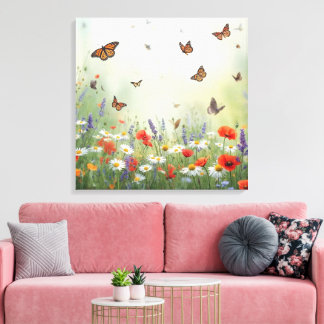 Toile Papier peint papillon et fleurs Art floral élégant