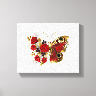 Toile Papillon de fleurs rouges aux roses rouges