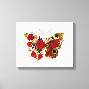 Toile Papillon de fleurs rouges aux roses rouges