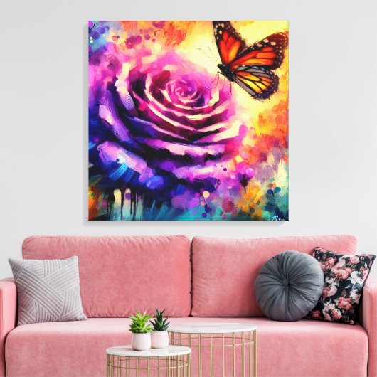 Toile Papillon monarque sur Rose violet au soleil coucha (Insitu(Salon))