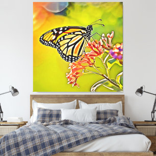 Toile Papillon orange sur la conception de fleurs roses