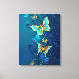 Toile Papillons d'or sur un Arrière - plan bleu