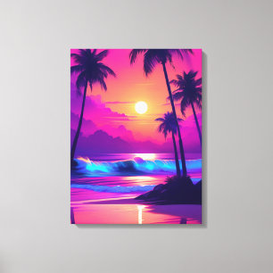 Toile Paradis tropical : Coucher de soleil rose avec pal