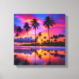 Toile Paradis tropical : Palmiers au coucher du soleil