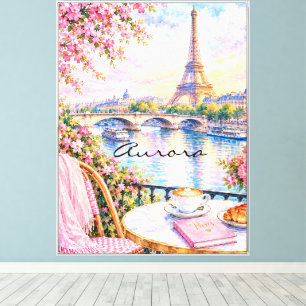 Toile Paris Aquarelle Tour Eiffel Rose Floral Français
