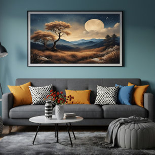 Toile Paysage au Clair de Lune Arbres Dorés Montagnes