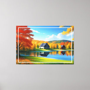 Toile Paysage avec lac, chalet et arbres-324563