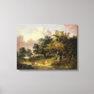 Toile Paysage boisé avec la femme et l'enfant marchant