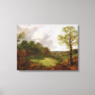Toile Paysage boisé avec un cottage, des moutons et un