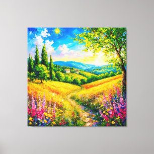 Toile Paysage Campagnard Avec Fleurs