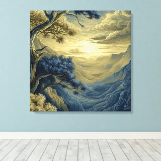 Toile Paysage d'arbre pin bleu doré sur une falaise roch