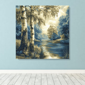 Toile Paysage de bouleaux bleu doré au bord de la rivièr