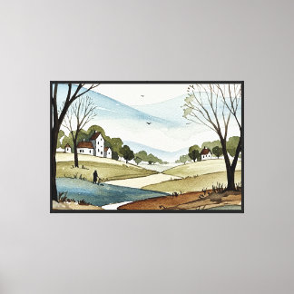 Toile paysage de collines avec de petites maisons