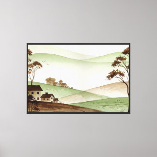 Toile paysage de collines avec de petites maisons