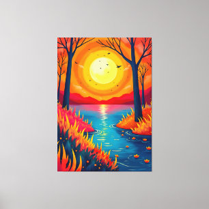 Toile Paysage de lac au coucher de soleil orange vibrant