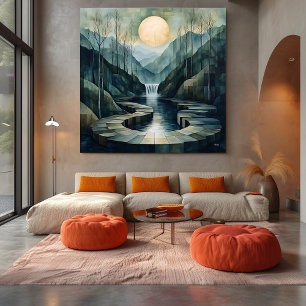 Toile Paysage de montagne géométrique avec cascade et lu