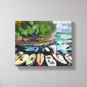 Toile Paysage de peinture moderne, ville côtière, bateau
