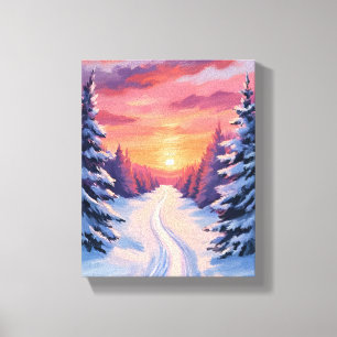 Toile Paysage de pins hivernal au coucher du soleil   Aq