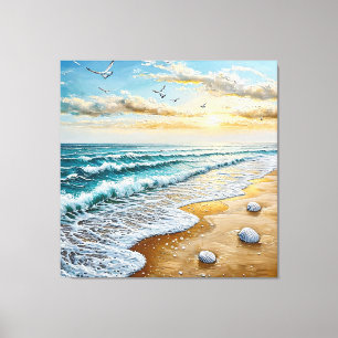 Toile Paysage de plage serein avec des vagues et des coq