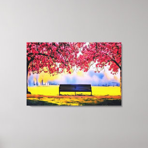 Toile Paysage magnifique avec des cerisiers et un banc