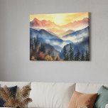 Toile Paysage moderne Watercolor Mountain Sunset<br><div class="desc">Apportez la beauté de la nature dans votre maison avec cette imposante toile étirée murale, avec un coucher de soleil de montagne brillant peint dans des tons d'aquarelle douce. Les couches de crêtes bleues brumeuses s'estompent au loin tandis que le ciel enflammé rayonne de riches nuances d'orange, d'or et de...</div>