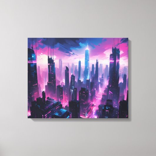 Toile Paysage urbain abstrait cyberpunk lumineux (Recto)
