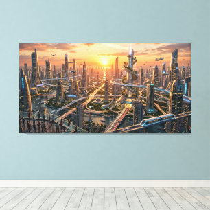 Toile Paysage urbain futuriste de l'heure dorée – Scienc