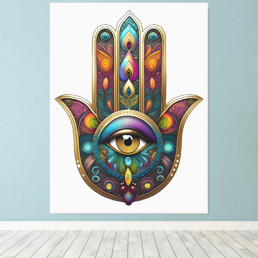 Toile Peacock Colors Hamsa w/ Gold Third Eye (Insitu (Plancher de Bois))