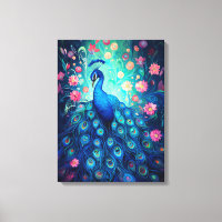 Peacock - Plumes d'Aqua Vert Bleu & Fleurs Roses