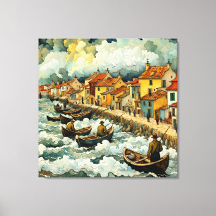 Toile Pêcheurs en bateau à Stormy Sea Van Gogh Style