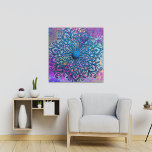 Toile Peindre Des Plaques Sur Une Fleur Mandala Embossée<br><div class="desc">Cette impression de toile abstraite présente des plaques de peinture et une fleur de mandala bleue en relief sur un arrière - plan d'aquarelle violet/turquoise/orange,  donnant à cette pièce son propre look distinctif.</div>