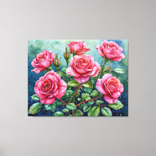 Toile Peinture à l'aquarelle de roses roses avec gouttes