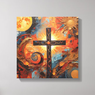 Toile Peinture Abstraite avec Lune Solaire et Croix